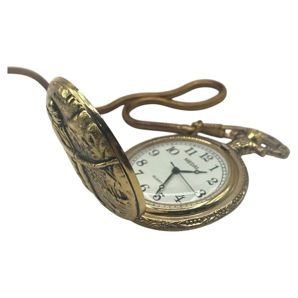 Vintage Medal Gold Tone Quartz Pocket Watch Hunting Scene New Battery